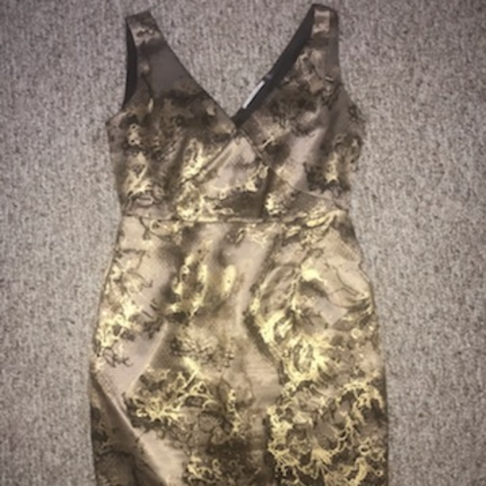Tahari sleeveless gold +black dress